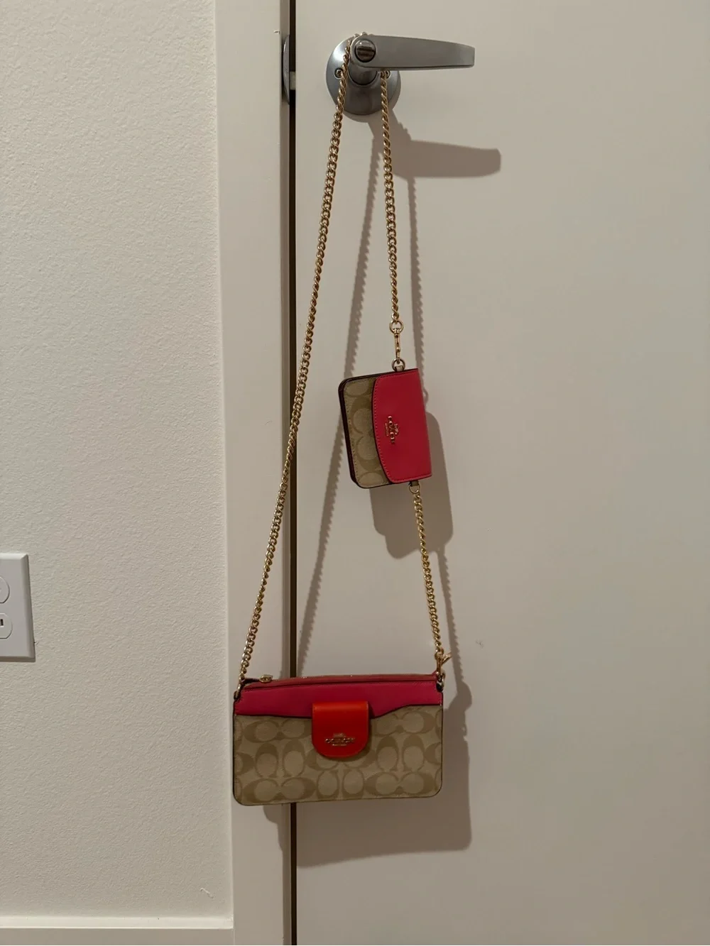 Coach Beige Signature Crossbody with Pink and Red Trim